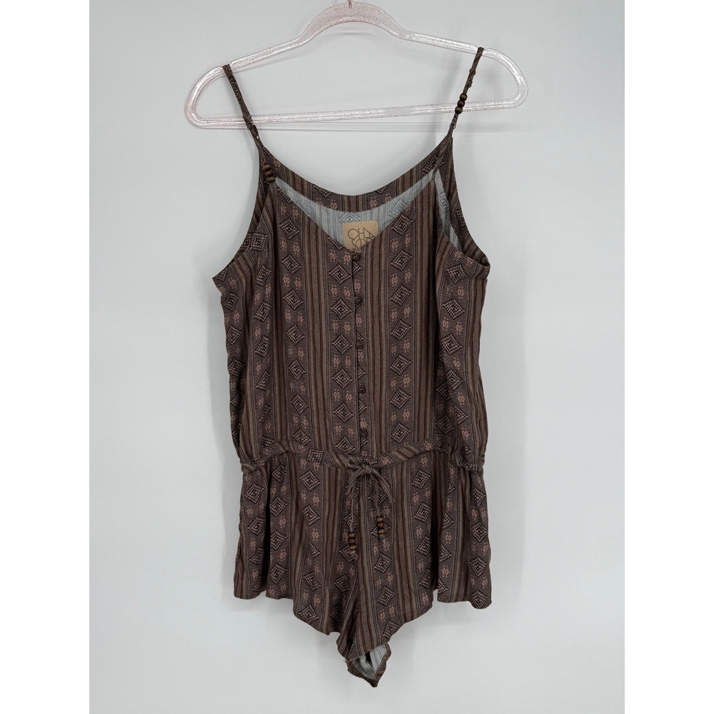 CHAD SUR Womens Brown Geometric Print Drawstring Waist Romper Jumpsuit Sz S